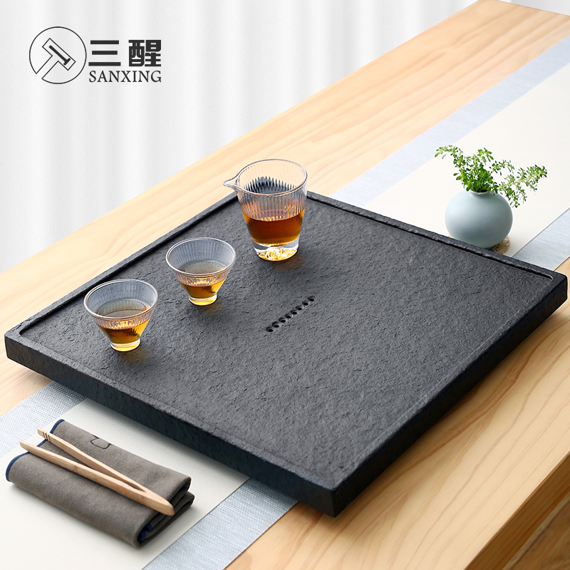 Natural black stone tea tray simple Japanese-style stone small tea table square plate household two or three kung fu tea set tray