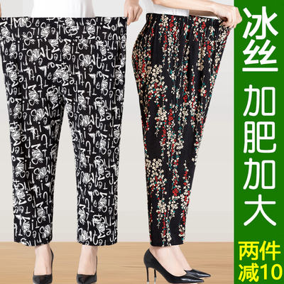 Summer thin nine-inch pants for middle-aged and elderly women, loose and tight waist, loose straight leg, flower-patterned pants for mothers, overweight and larger size