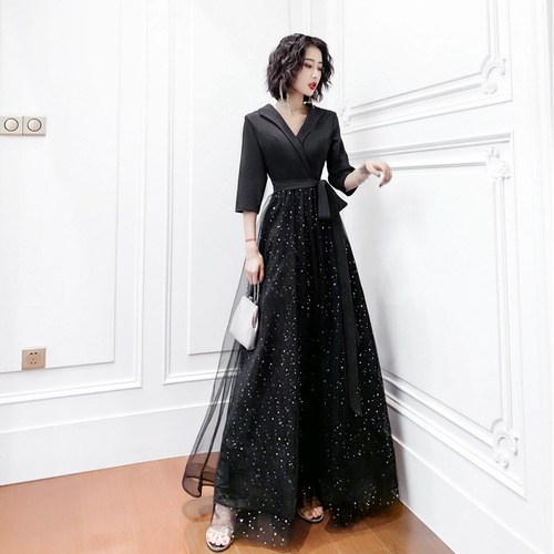 Evening dress prom gown Evening dress womenlong style air show queen party black temperament noble dress