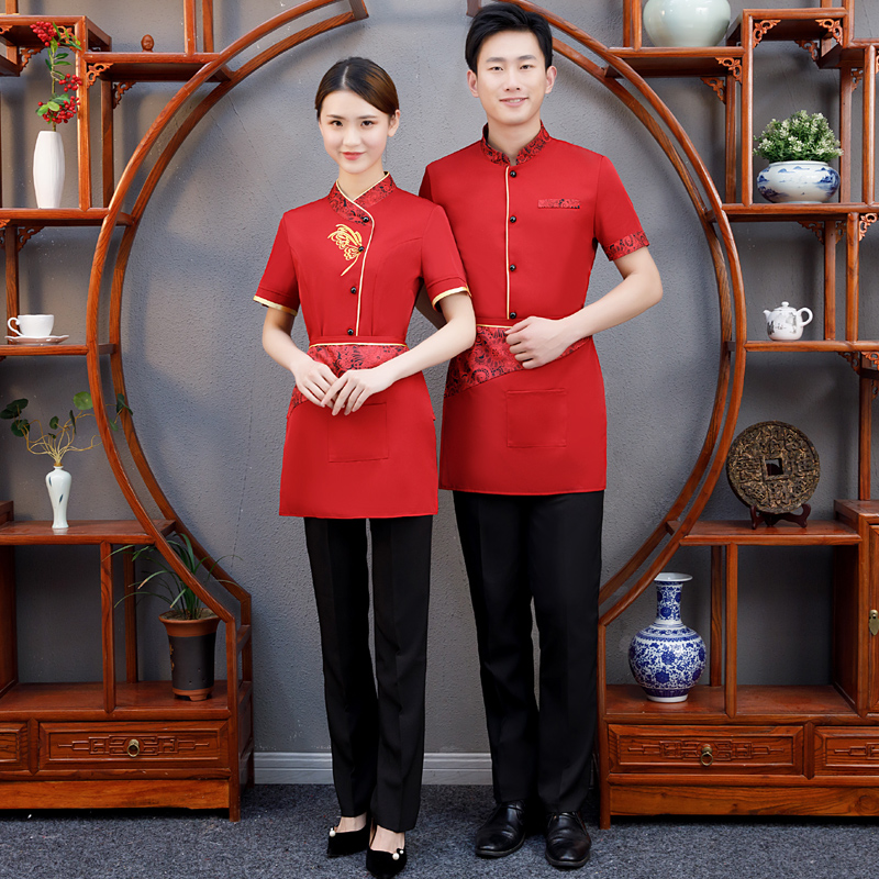 quần áo công việc Waiter của ngắn tay nhà hàng trà đạo Trung Quốc sạn quần áo ăn lẩu nhà hàng nhà hàng mùa hè váy của nam giới và phụ nữ phù hợp