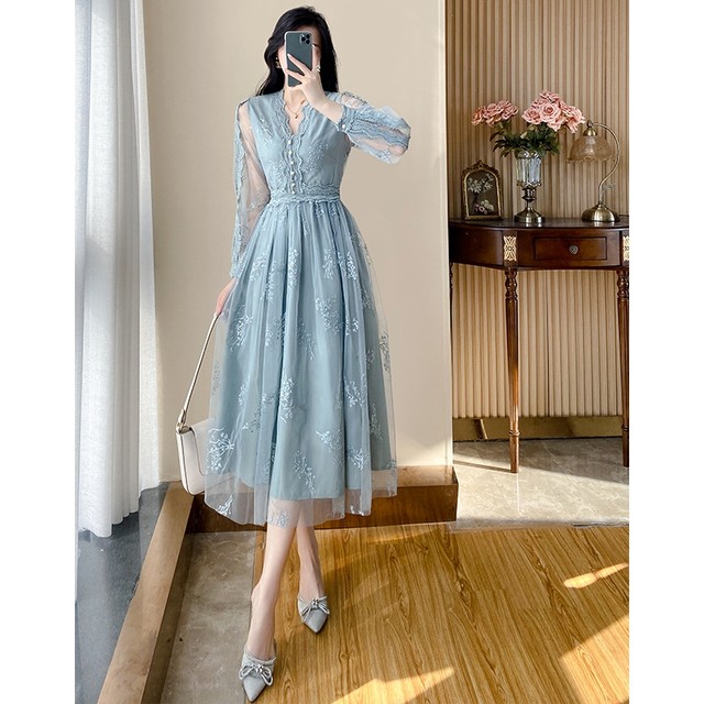 Chiffon mesh French dress 2023 spring new women's dress waist slimming celebrity temperament lace skirt