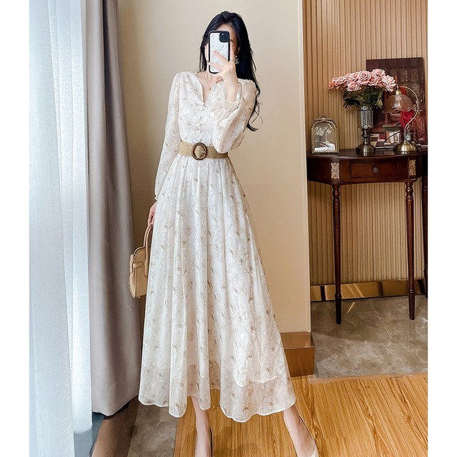 Tea break French floral dress 2023 early spring new women's clothing celebrity temperament waist skirt high-end sense