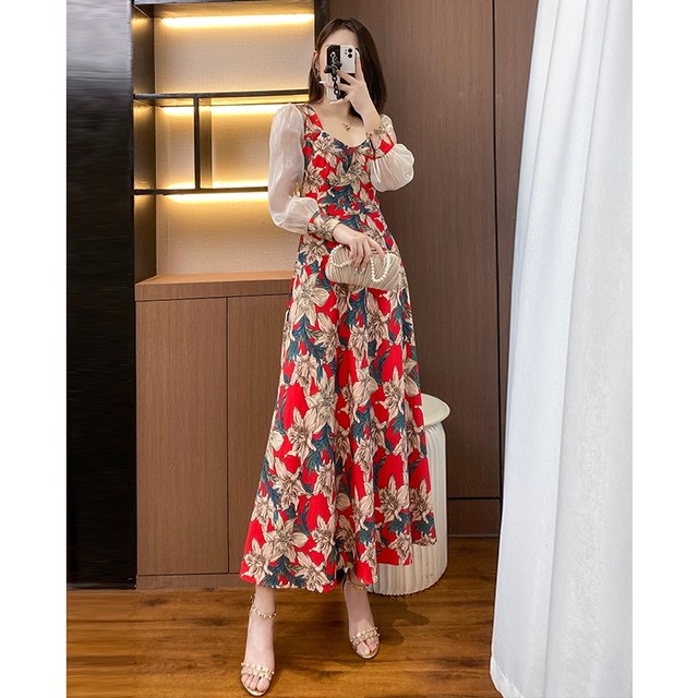 Early spring French dress women's 2023 spring new women's clothing temperament slim temperament floral chiffon long skirt