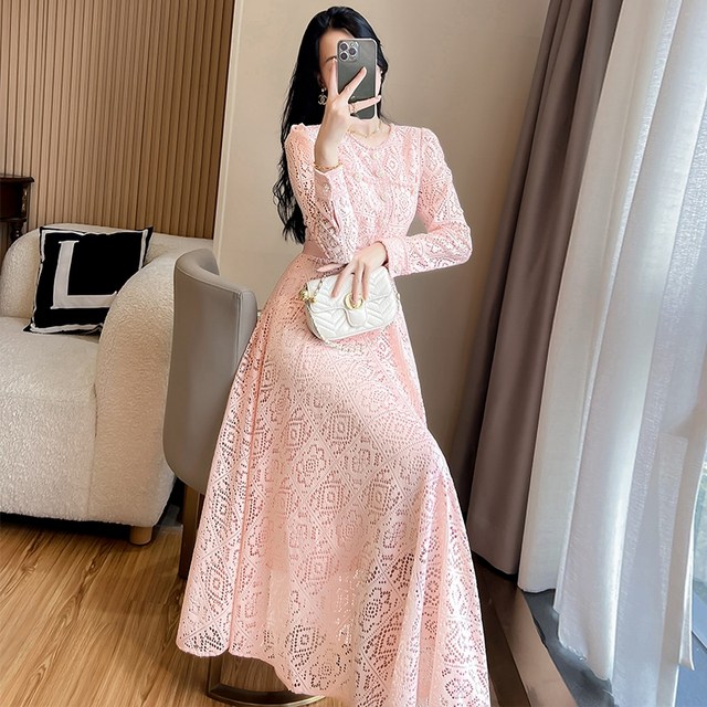 Spring French lace dress women 2023 spring new women's pink temperament slim fashion long skirt