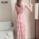 French lace cake dress women's spring 2022 new women's pink temperament slim fashion long skirt