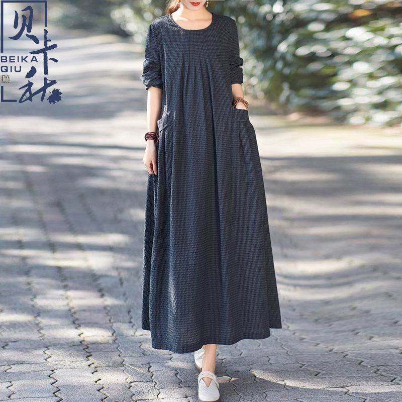 Mùa xuân và mùa thu mới cotton và linen váy của phụ nữ kẻ sọc giản dị retro lỏng lẻo cỡ lớn văn học váy dài tay - váy đầm