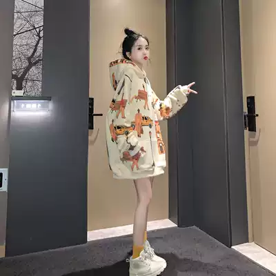 SADO YINER sweater women autumn and winter 2021 New lazy style fashion medium and long version plus velvet print coat tide