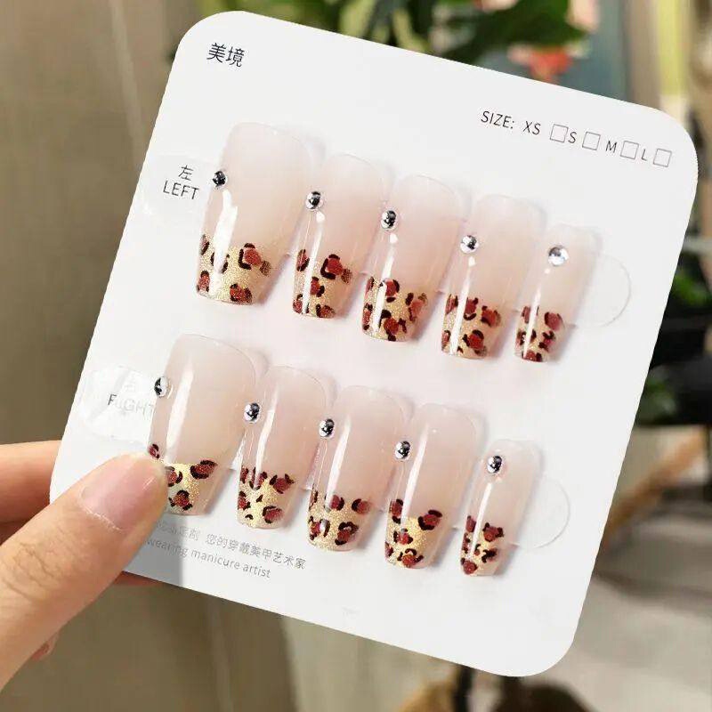 Handmade Children's Nail Art Wearable Long Leopard Print Rhinestone Fake Nail Stickers for Girls, 2026 New Model Handmade Children's Nail Art Wearable Long Leopard Print Rhinestone Fake Nail Stickers for Girls, 2026 New Model