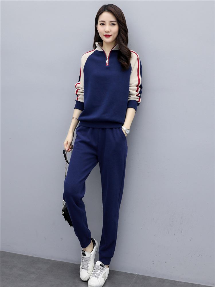 2022 Spring and Autumn New Leisure Sports Suit Women's Running Exercise Stand Collar Stitching Mountain Climbing Hong Kong Style Sweater Two-piece Set