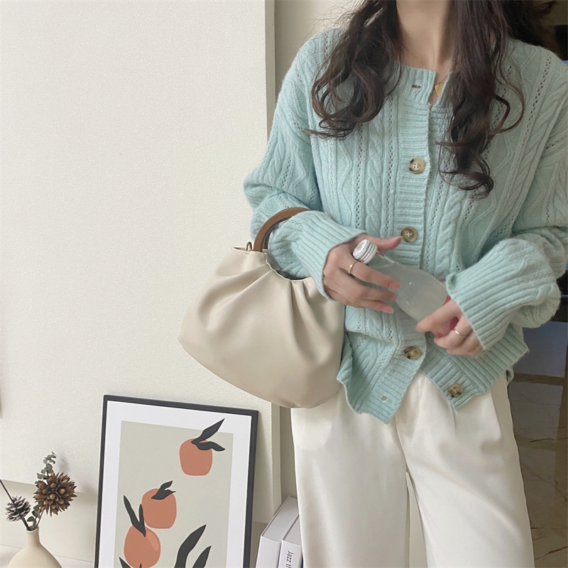 Zy LAOSHU Mint Green Knitted Cardigan for Women, Autumn and Winter, Lazy Style, Loose Short Twist Sweater Jacket for Outer Wear