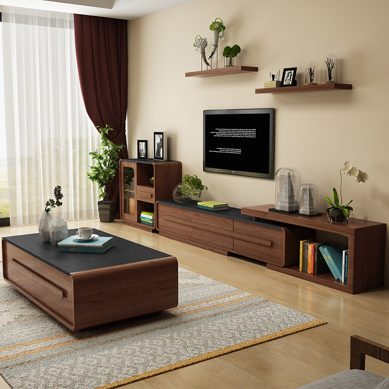 Nordic Burning Stone Tea Table TV Cabinet Composition Living-room Furniture Suit Retractable Lockers