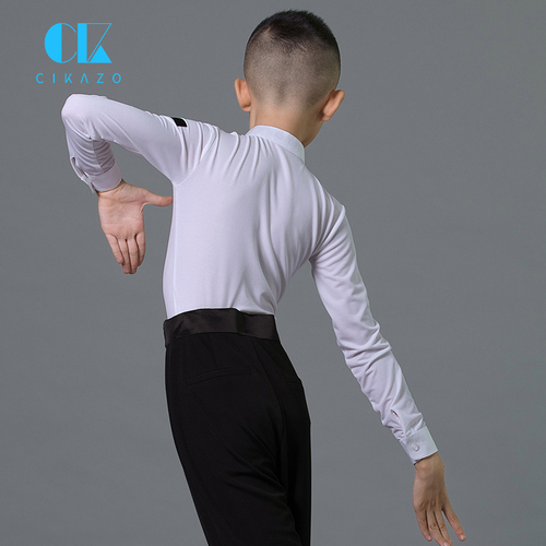 Boys latin dance shirt Professional boy Latin dance examination competition Costume White Long Sleeve stand collar V national standard dance performance