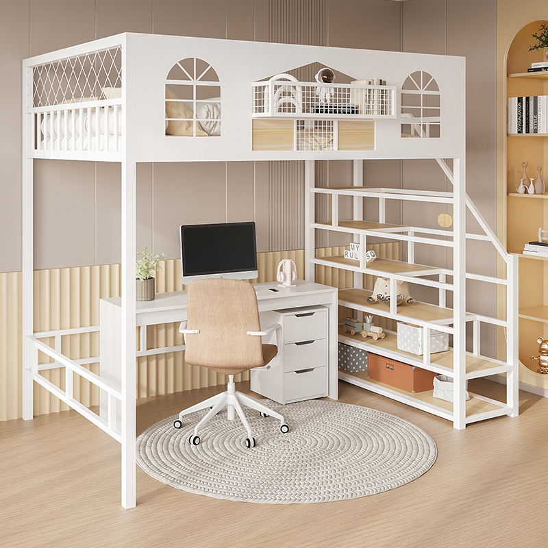 Wrought Iron Bed, Loft Bed with Upper Bunk, Duplex Children's Loft Bed, Bed with Desk Underneath, Small Apartment Bed with Space Underneath