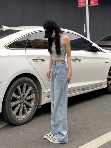 纯哥家 Синие джинсы, весенние штаны, свободный крой, высокая талия, для формы тела «груша»