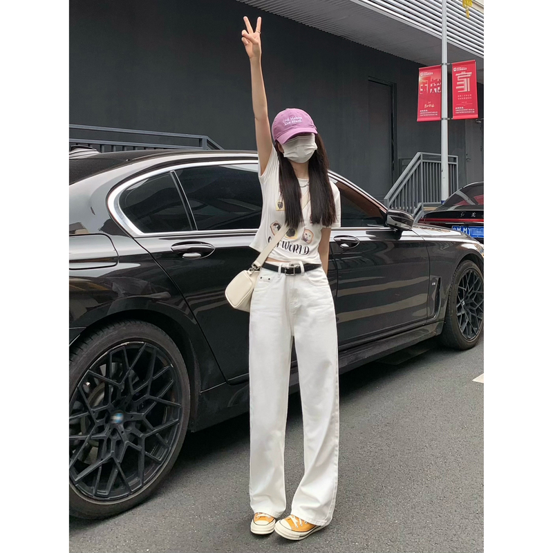 Chun Ge's White Straight-Leg Jeans for Women, 2026 Autumn New Style, Petite High-Waisted Narrow Wide-Leg Floor-Length Pants