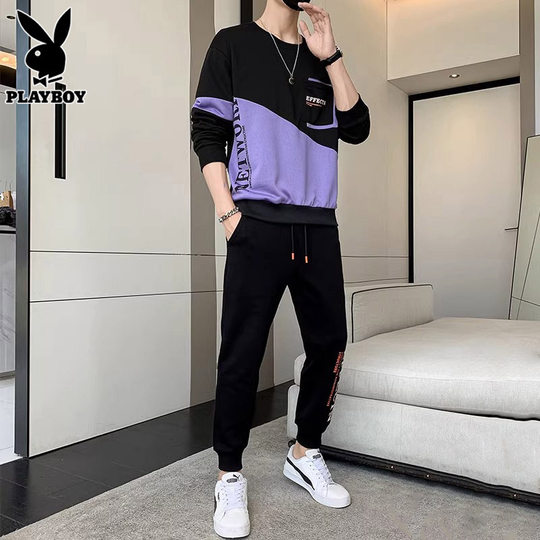 花花公子休闲运动套装男士圆领卫衣服秋季新款潮搭配卫裤男装一套