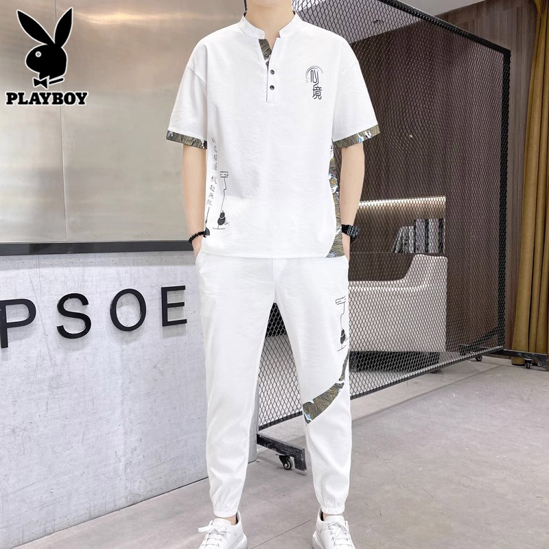 Playboy Summer Men's Suit, Trendy Chinese Style Ice Silk Short-Sleeved T-Shirt Paired with a Set of Casual Sportswear Playboy Summer Men's Suit, Trendy Chinese Style Ice Silk Short-Sleeved T-Shirt Paired with a Set of Casual Sportswear