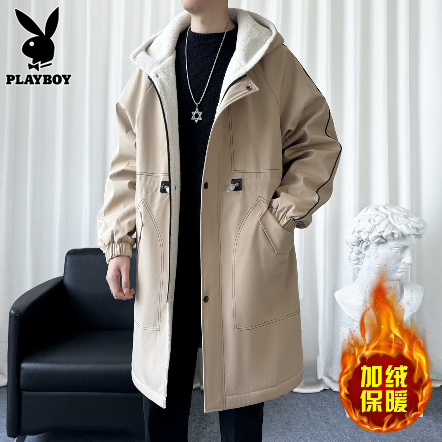 Ветровка Playboy с капюшоном, мужское пальто, новинка зимы, свободная куртка средней длины плюс бархатный плащ выше колена, куртка-плащ для мужчин