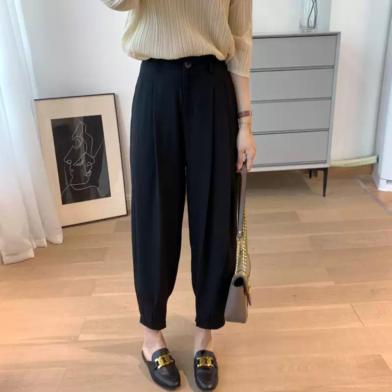 Ice Silk Suit Pants for Women, Summer Thin High-Waisted Loose Slimming Drapey Casual Jogger Nine-Point Harem Carrot Pants for Women