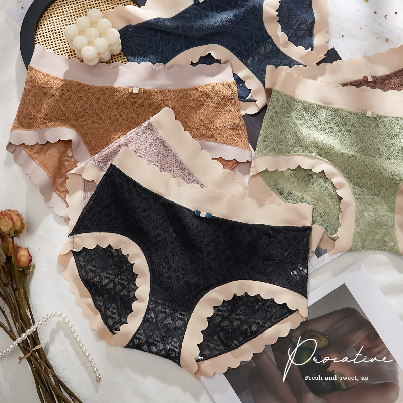 3 Lace underwear lady cotton grass indentation sexy indentation indentation middle waist summer thin fat mm large size