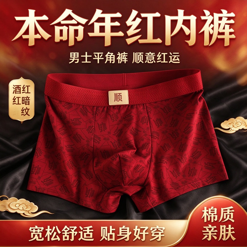Men's Red Cotton Breathable and Comfortable Boxer Briefs for the Year of Birth, Festive Wedding, Middle-Aged and Elderly Men's Boxer Shorts