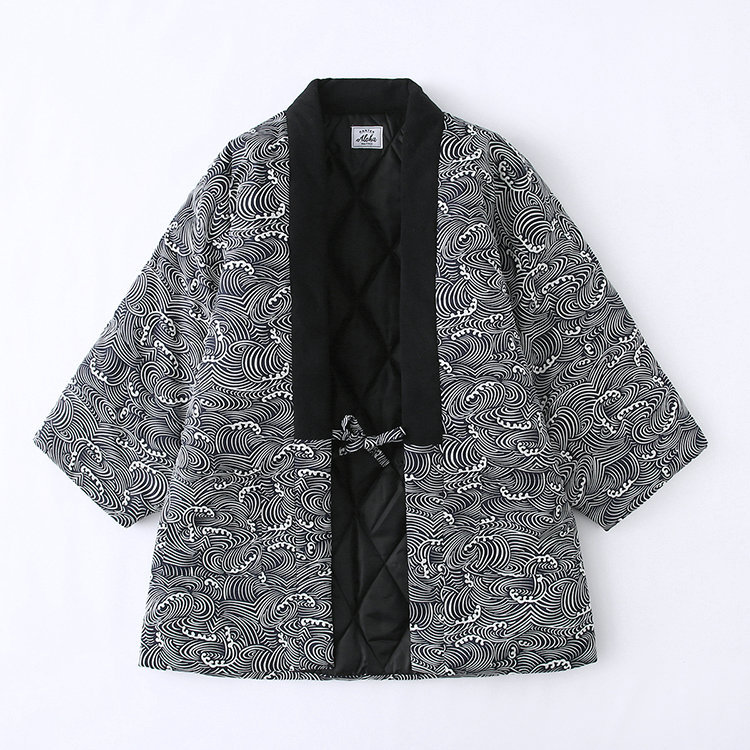 New Autumn and Winter Ethnic Style Couple's Loungewear Kimono Cotton-Padded Jacket Robe Half-Wrap Warm Tie-Up Cotton Coat Wave Pattern