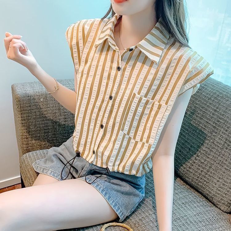 Striped Short-Sleeved French Shirt for Petite Women, New Summer Style, Age-Reducing Drawstring Design Top