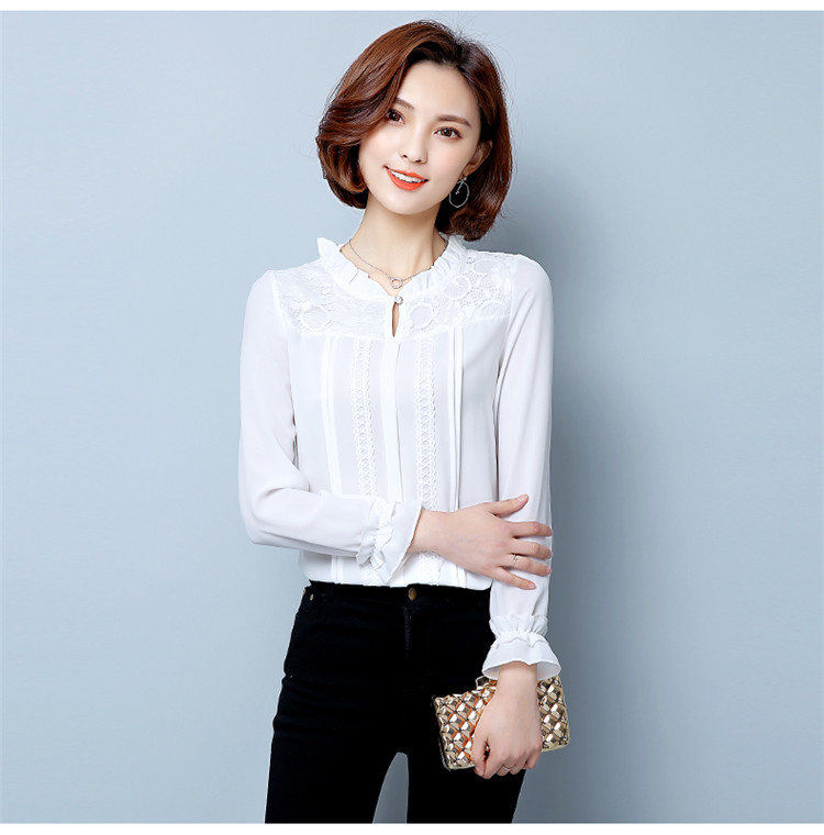 Xuân 2018 và áo sơ mi nữ mới mùa xuân cổ áo tay dài ren khâu áo sơ mi mùa xuân áo sơ mi mỏng áo sơ mi họa tiết nữ