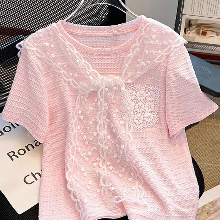 Plus Size 150kg Sweet Three-Dimensional Floral Short-Sleeve T-Shirt for Women, Summer Loose Design Lace Shawl Top