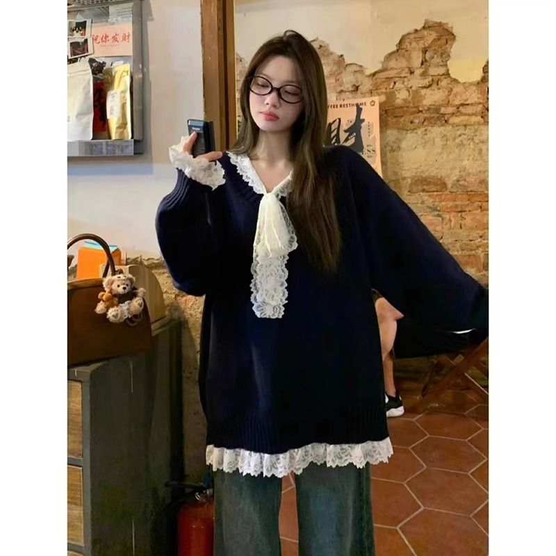 Plus Size 150kg Lace Patchwork Faux Two-Piece V-Neck Knit Sweater for Women, Autumn and Winter, Loose and Lazy Style, Soft and Cozy Sweater Plus Size 150kg Lace Patchwork Faux Two-Piece V-Neck Knit Sweater for Women, Autumn and Winter, Loose and Lazy Style, Soft and Cozy Sweater