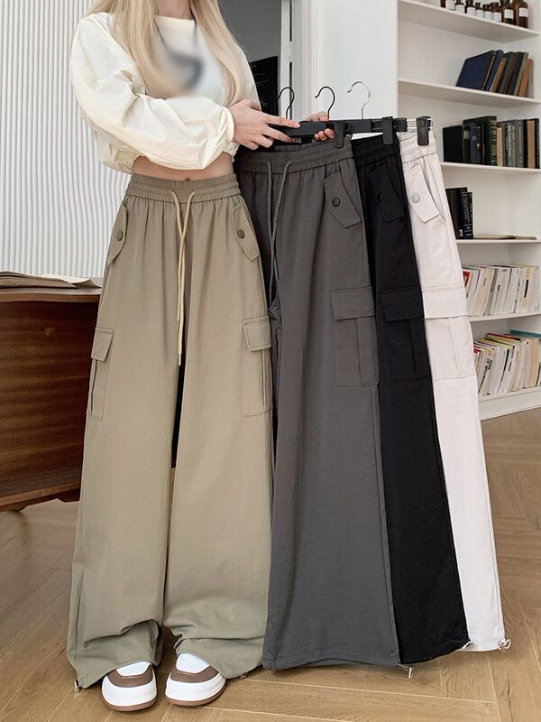 Plus Size 150kg American-Style Straight-Leg Drape Cargo Pants for Women, Autumn Loose High-Waisted Casual Floor-Length Wide-Leg Pants Plus Size 150kg American-Style Straight-Leg Drape Cargo Pants for Women, Autumn Loose High-Waisted Casual Floor-Length Wide-Leg Pants