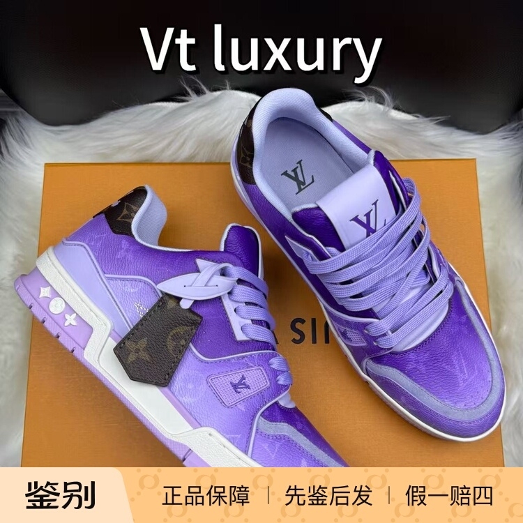 Louis Vuitton Trainer Cow Leather Round-Toe Lace-Up Low-Top Sneakers Unisex Purple