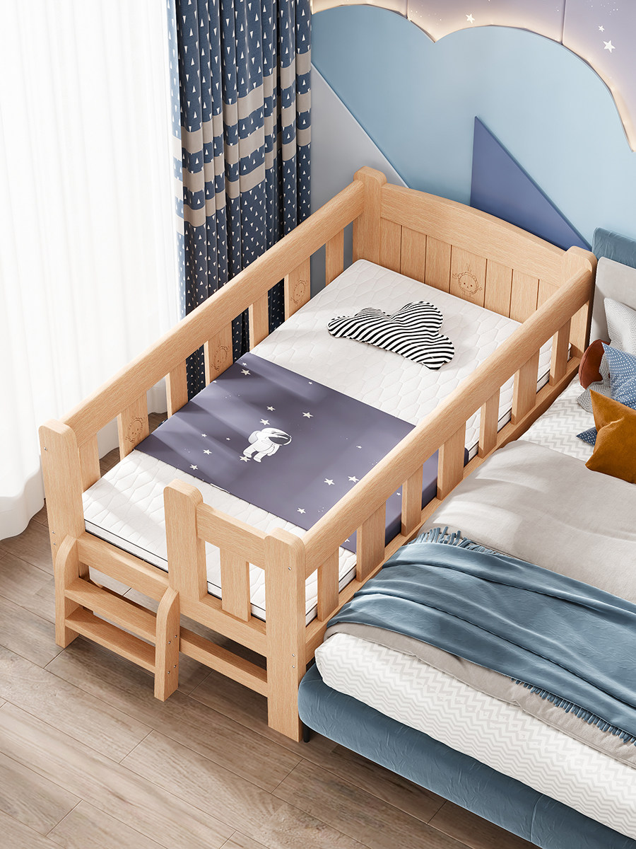 Solid Wood Children's Bed, Boy's Single Bed, Girl's Princess Bed with Guardrails, Small Bedside Bed, Widened Baby Splicing Bed