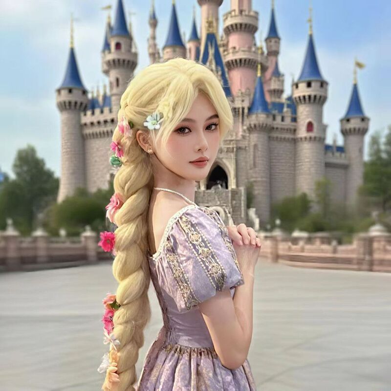 Magic Adventure Rapunzel Cosplay Wig Golden Long Hair Princess Middle Part Rose Net Long Braids Hairpiece