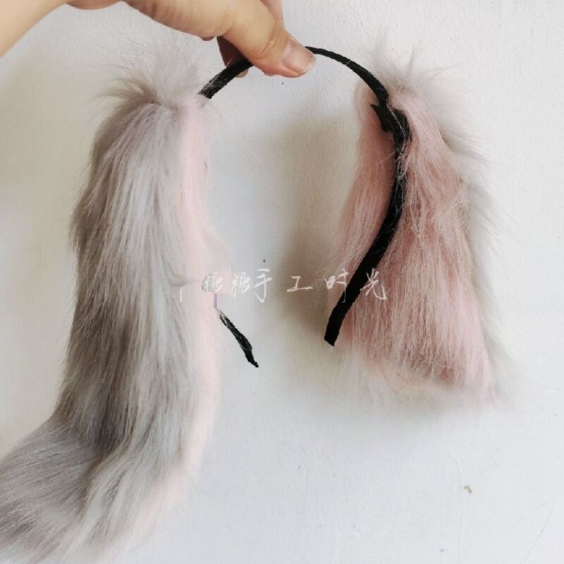 Handmade Long-Haired Rabbit Ear Headband, Gray and Pink Lop-Eared Rabbit Hair Accessory, Lolita Cosplay Headwear Prop, Can Be Styled