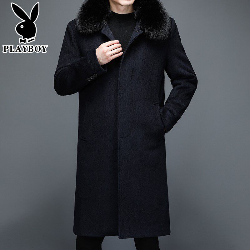 Playboy spring and autumn woolen collar coat men's over-the-knee mid-length version middle-aged men's woolen coat