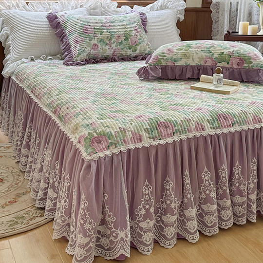 French Lace Bed Skirt Single Piece Pure Cotton Thickened Bedspread Three-Piece Set European Style All-Cotton Non-Slip Bed Cover Pastoral Princess Style