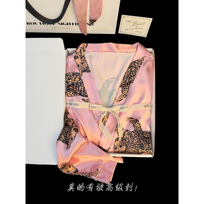 Victoria Pink Leopard Print Luxury Nightgown for Women, Long-Sleeved Tie-Up Bathrobe, Elegant and Fashionable Satin Plus-Size Sleepwear Victoria Pink Leopard Print Luxury Nightgown for Women, Long-Sleeved Tie-Up Bathrobe, Elegant and Fashionable Satin Plus-Size Sleepwear