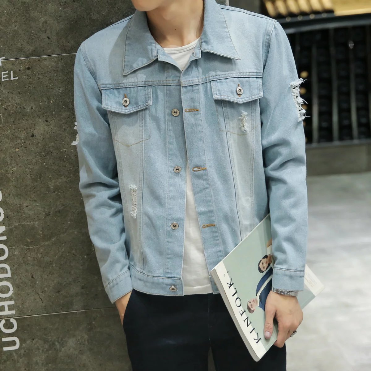 Mùa xuân phần mỏng denim jacket nam slim jacket Hàn Quốc phiên bản của xu hướng của thanh niên đẹp trai hoang dã áo giản dị