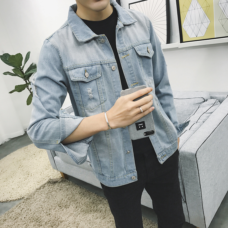 Mùa xuân phần mỏng denim jacket nam slim jacket Hàn Quốc phiên bản của xu hướng của thanh niên đẹp trai hoang dã áo giản dị