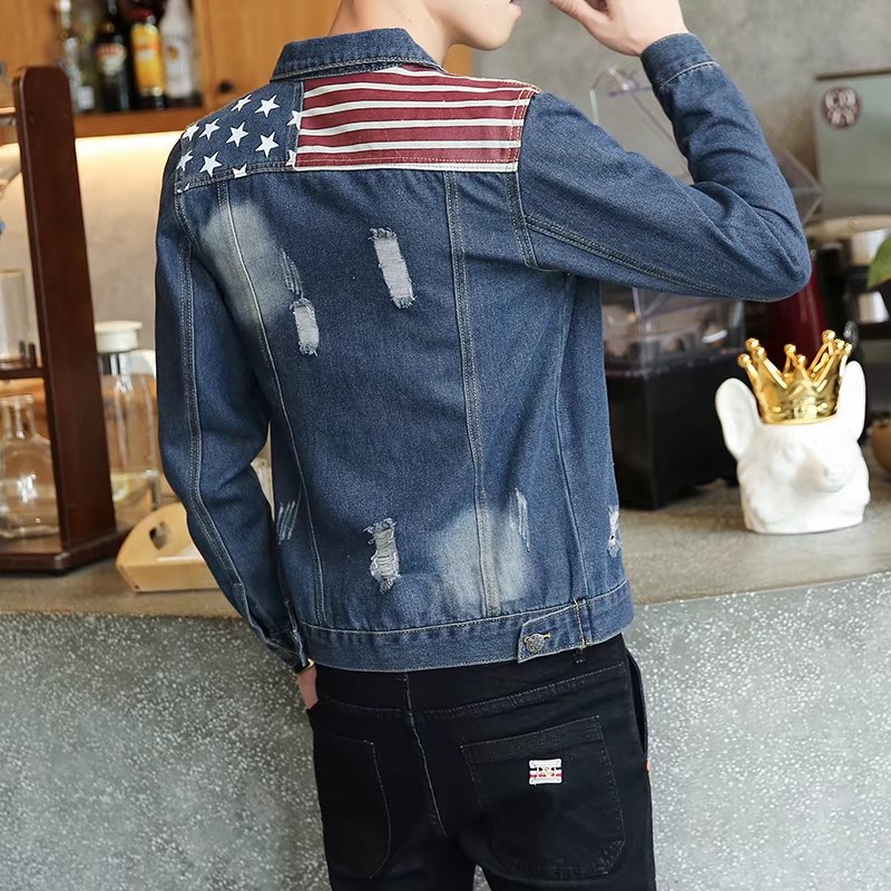 Thêu denim áo khoác nam xã hội tinh thần chàng Slim áo khoác Hàn Quốc phiên bản của xu hướng của người đàn ông màu đỏ nhanh chóng với cùng một đoạn