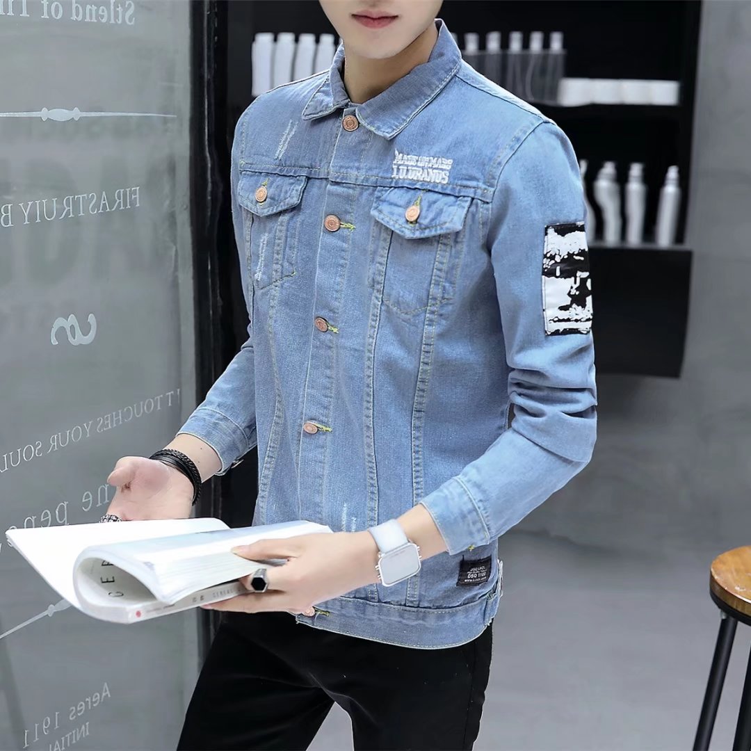 Mùa xuân phần mỏng denim jacket nam slim jacket Hàn Quốc phiên bản của xu hướng của thanh niên đẹp trai hoang dã áo giản dị