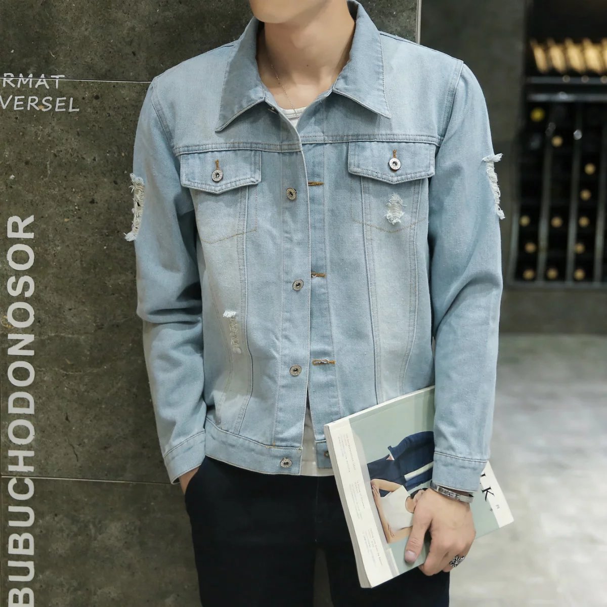 Mùa xuân phần mỏng denim jacket nam slim jacket Hàn Quốc phiên bản của xu hướng của thanh niên đẹp trai hoang dã áo giản dị