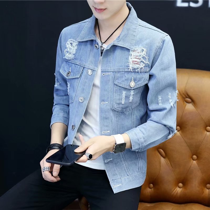 Thêu denim áo khoác nam xã hội tinh thần chàng Slim áo khoác Hàn Quốc phiên bản của xu hướng của người đàn ông màu đỏ nhanh chóng với cùng một đoạn