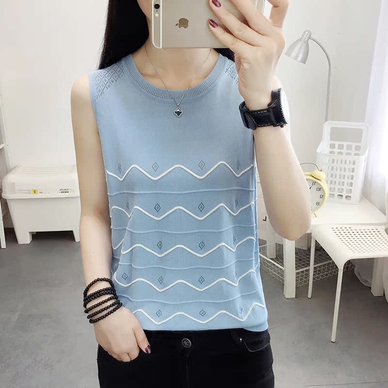 sling trắng vest đáy đan lượn sóng của phụ nữ bên trong một sexy đen không tay T-shirt đầu mặc triều ins