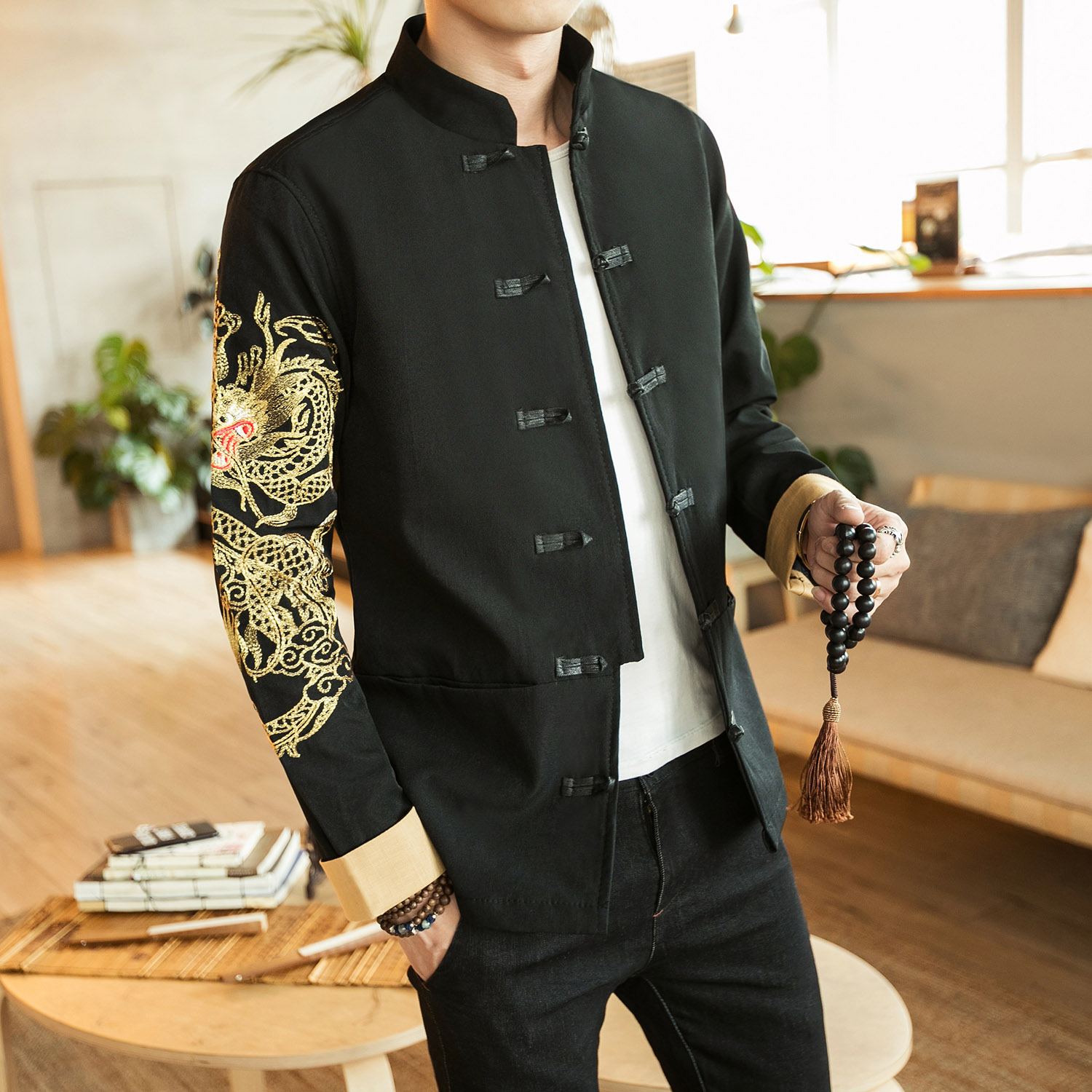 Trung Sơn bucklemen trang phục của retro dọc cổ áo jacket lỏng trung niên ăn mặc Tang Trung Quốc áo khoác gió la sân lớn mùa xuân váy