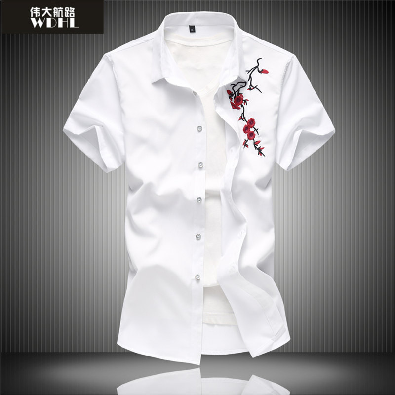 Chinese Style Men's Embroidered Short-Sleeved Shirt, Business Casual Summer Shirt, Handsome Barber Shirt, Trendy Men's Outerwear