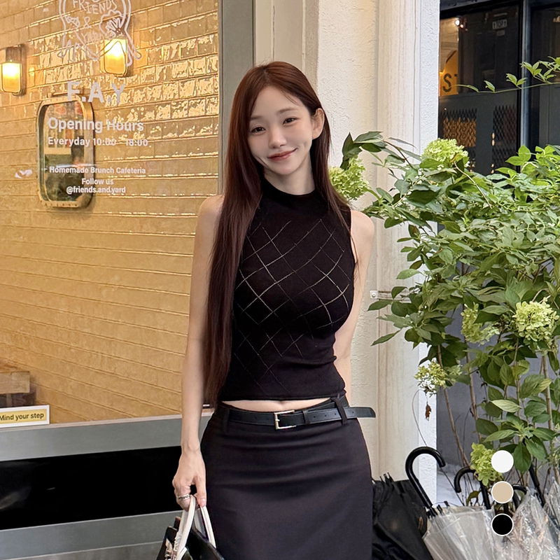 Kindame Korean Diamond Pattern Half-High Collar Knitted Vest for Women, Slim Fit Sleeveless Textured Vest Ks26F4702 Kindame Korean Diamond Pattern Half-High Collar Knitted Vest for Women, Slim Fit Sleeveless Textured Vest Ks26F4702