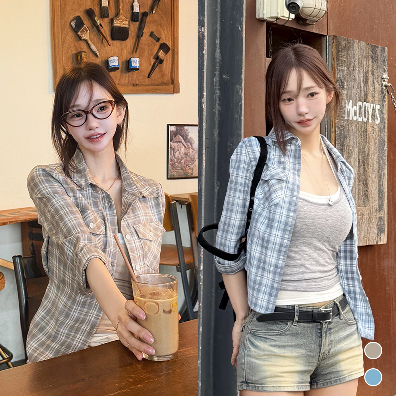 Kindame Korean Retro Slim-Fit Plaid Shirt for Women, Long-Sleeved, Waist-Cinching, Tie-Up, Turn-Down Collar, 7/8 Sleeves, Ts26M4803