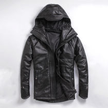 Cowhide padded thickened hooded leather leather clothing mens warm and cold cotton clothing Large size mens motorcycle clothing motorcycle clothing